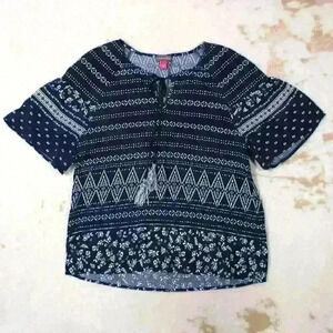 VINCE CAMUTO Blue Aztec Pattern Short Sleeve Key Hole Tassel Top Women S